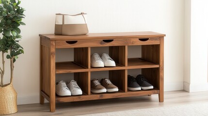 Home organization and storage ideas, A stylish wooden shoe rack with multiple compartments, neatly holding shoes, paired with a fashionable bag on top, set against a bright, minimalist background.