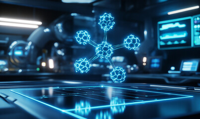 A glowing blue holographic molecular structure floats above a futuristic digital interface in a high-tech laboratory.