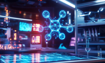 A glowing blue holographic molecular structure floats above a futuristic digital interface in a high-tech laboratory.