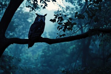 A majestic owl perched on a tree branch in a dark, mysterious forest.