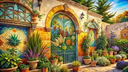 Obraz premium Expressive Watercolor Herbs Mosaic Background Architectural Photography