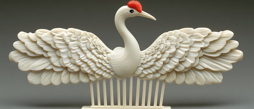 • A slender wooden hair fork, carved to resemble a stylized crane, lies diagonally on a shining white platform. The crisp lighting accentuates every curve and detail, eliminating any shadows. 