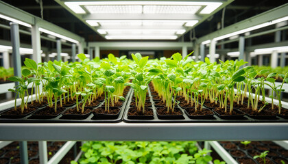 Futuristic vertical garden seedling trays in urban apartment, eco-friendly