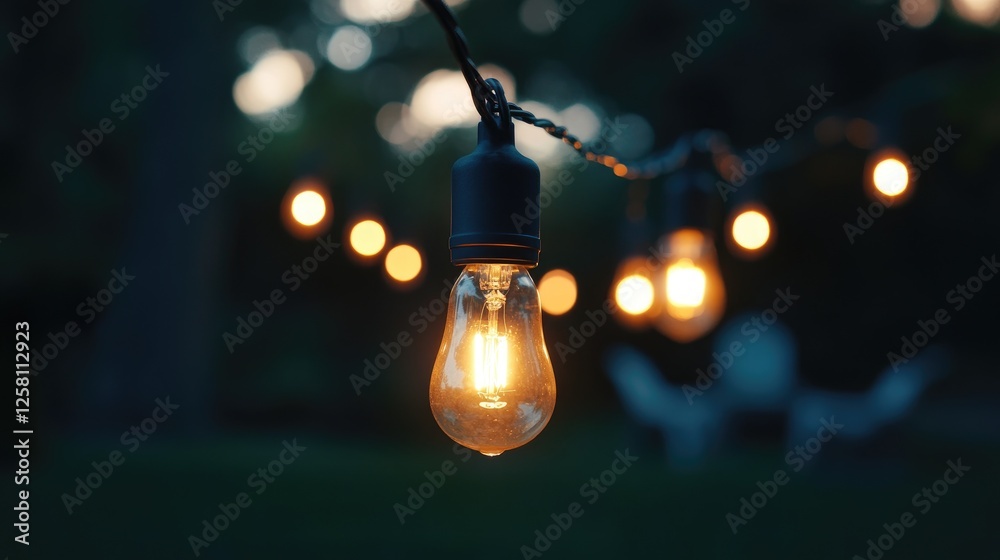 Poster hanging string lights casting a warm golden glow over a cozy outdoor setting, creating an inviting, 