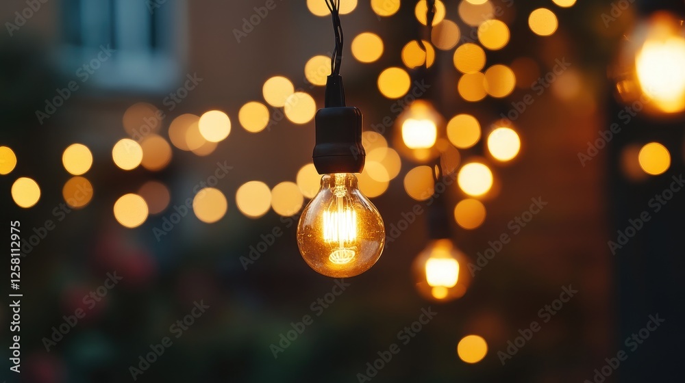 Poster hanging string lights with a warm golden glow illuminating a cozy outdoor setting, creating an invit