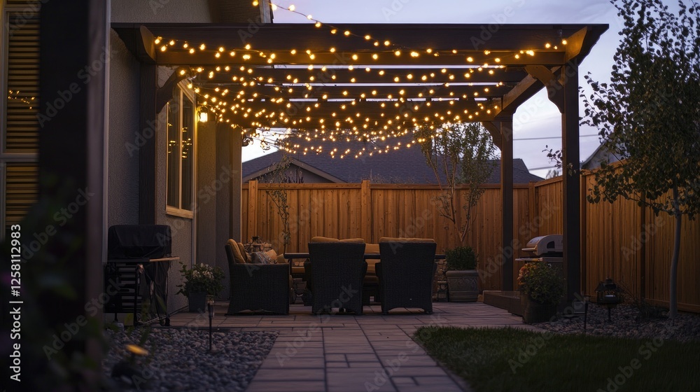 Poster Hanging string lights with a warm golden glow illuminating a cozy outdoor setting, creating an inviting and magical ambiance for intimate gatherings.