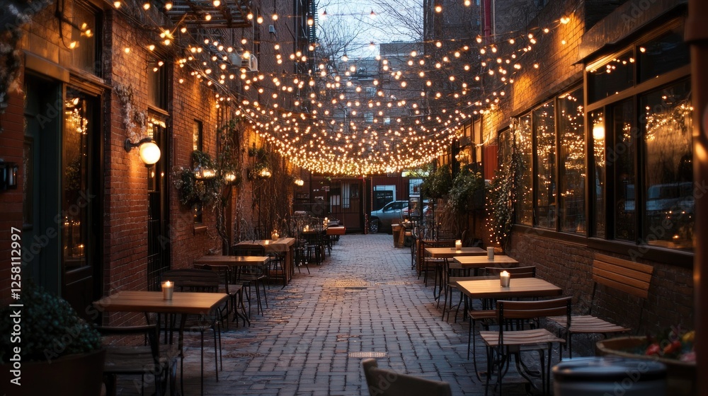 Poster hanging string lights with a warm golden glow illuminating a cozy outdoor setting, creating an invit