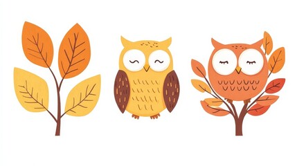 Fototapeta premium Cheerful cartoon owls perched on stylized autumn leaves in warm colors