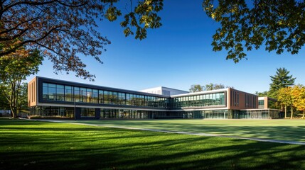Obraz premium Long modern school building with glass corridors and grassy area