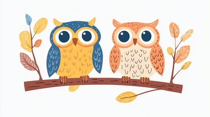Obraz premium Two charming cartoon owls perched on a branch surrounded by colorful foliage