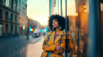 portrait of attractive African American black woman with curly hair walking in street in autumn style fashion colorful outfit wearing printed coat, modern trend accessories
