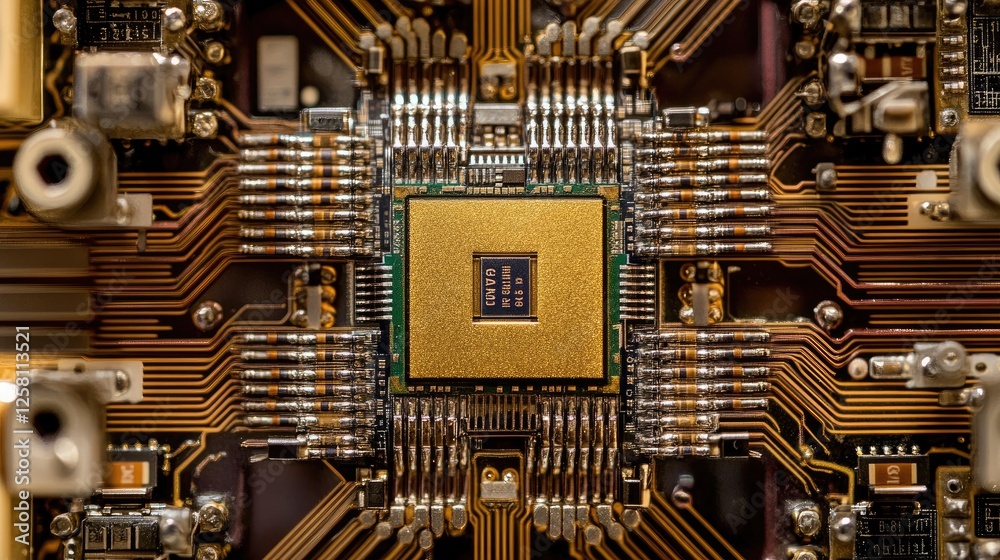 Poster Intricate close-up of a gold microchip placed on a circuit board, emphasizing the precision and complexity of electronic connections and components.