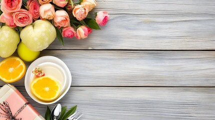 Floral Arrangement with Citrus Fruits and a Wrapped Gift on Wood Planks for a Special Occasion