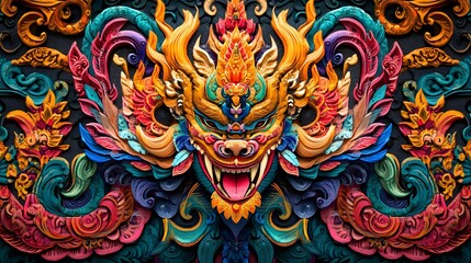 Obraz premium Vibrant dragon mural, colorful intricate design featuring fierce dragons, bold patterns, perfect for creative backdrops.
