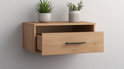 Home organization and storage ideas, A modern wooden wall-mounted drawer unit with two potted plants on top, offering stylish storage and decor for a minimalist interior.