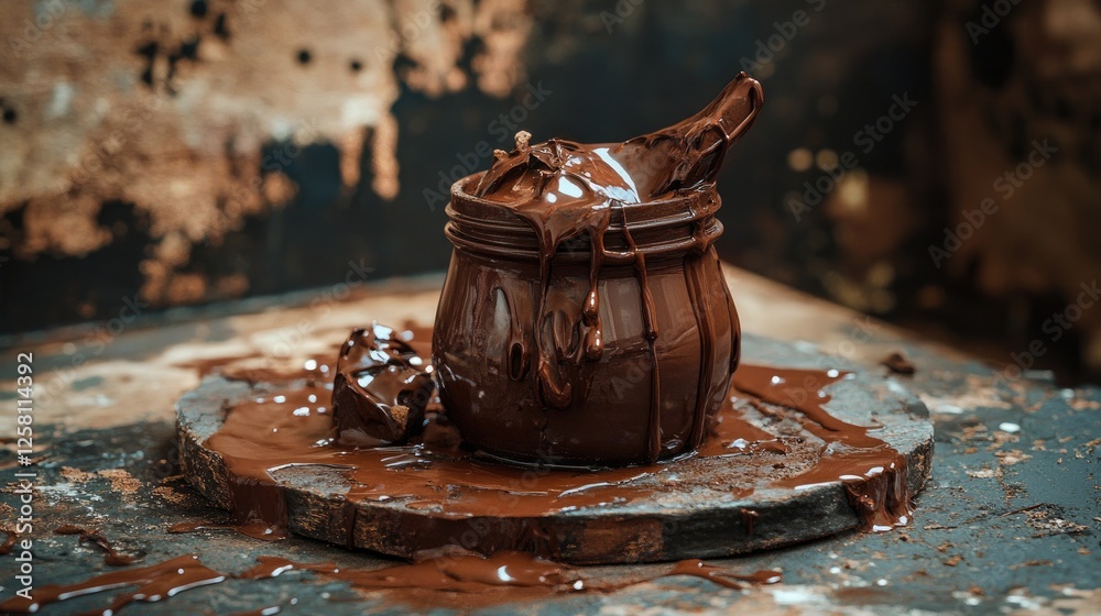 Poster jars containing luscious chocolate hues, surrounded by artistic splashes and textures, creating a ri
