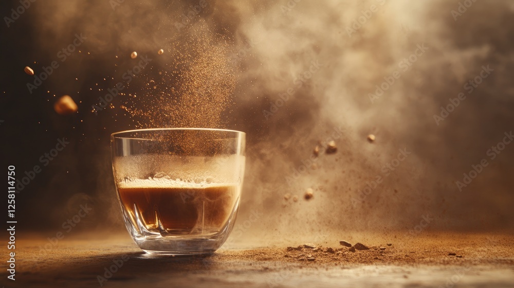 Poster luxurious espresso flowing effortlessly into a tilted glass, steam rising and blending with the warm