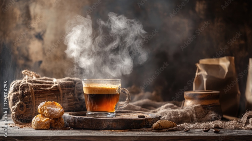 Poster luxurious espresso flowing effortlessly into a tilted glass, steam rising and blending with the warm