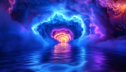 Neon lights forming a glowing tunnel with smoke effects, rendered in ultraviolet and blue hues for a cosmic landscape.