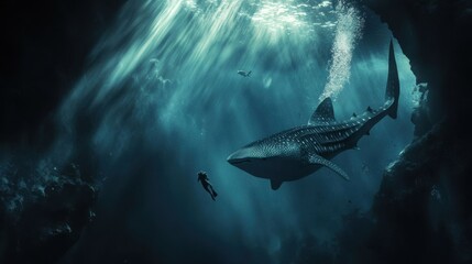 Fototapeta premium Diver swimming with whale shark.