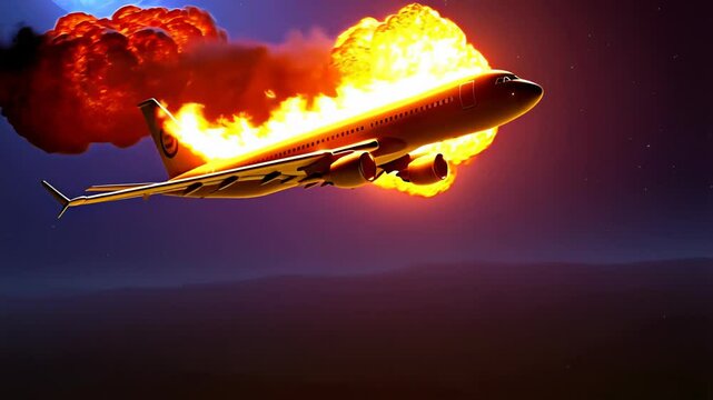 Airplane crash sequence showing different stages of a mid air explosion, starting from a normal flight and ending with the plane completely engulfed in flames and smoke