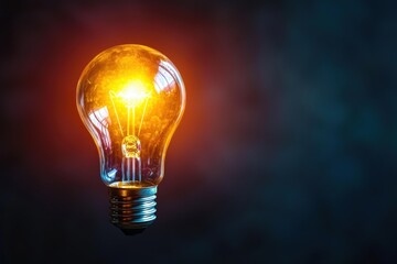 A close-up, dramatic photograph of a glowing incandescent light bulb, radiating warmth and illumination against a dark, blurred background.