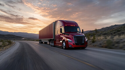Obraz premium Cargo truck driving at sunset rural road vehicle photography scenic landscape rear angle perspective