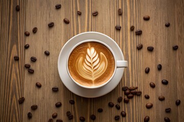 Beautiful overhead view of a coffee cup with intricate latte art on a wooden table ambiance.