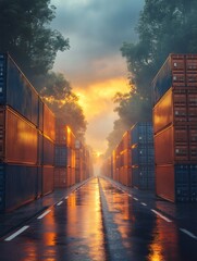 Fototapeta premium Wet asphalt road between shipping containers at golden hour after rain