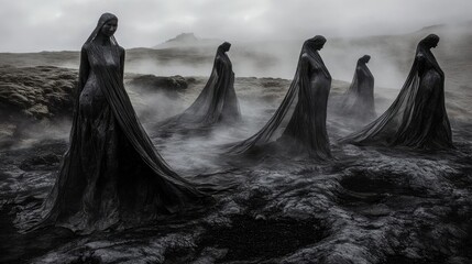 Icelandic sculptures of women in black.