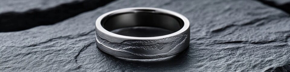 Lunar landscape engraved thin titanium ring on dark textured surface