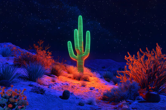 Neon glow of saguaro cactus in vibrant desert night scene - Powered by Adobe