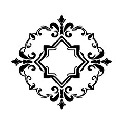 Black-and-white ornate border design: a symmetrical pattern with decorative floral scrolls.