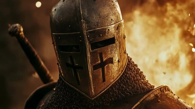 Medieval knight wearing a battle-worn Templar helmet and chainmail, with a sword on his back. Surrounded by flying embers, he stands ready in the heat of battle.