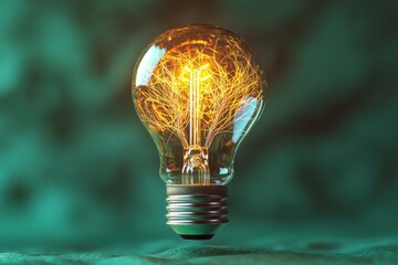 Close-up of a glowing vintage light bulb, with intricate filaments and a warm, inviting light, on a textured green background.