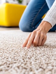 Soft Carpet Texture - Close-up of a hand gently touching a plush, light beige carpet. Soft, comfortable, and luxurious feel