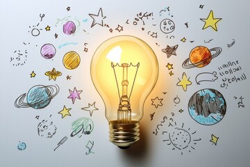A bright idea concept: a lit light bulb surrounded by playful, hand-drawn illustrations of stars, planets, and cosmic elements, on a white surface.