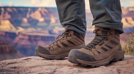 A pair of hiking boots atop a rocky outcrop, ready for an adventure in the wilderness. A pair of boots that looks like they are used to traversing rough terrain.