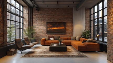 Modern loft apartment, brick walls, orange sectional sofa.