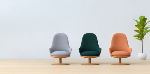 Three stylish swivel chairs in soft colors against a minimalist background create a modern and inviting living space.
