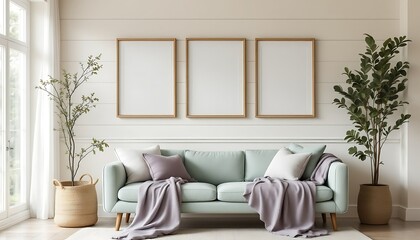 Naklejka premium Modern living room interior design, sofa, plants, frames, peaceful background, home decor