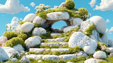 Stone stairs to mossy cave, scenic sky. Fantasy landscape, game design