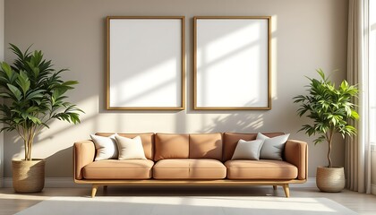 Modern living room, beige sofa, two frames, sunlight, plants