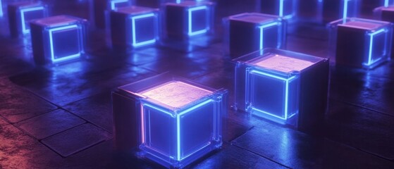 Futuristic illuminated cubes glowing in a dark urban environment at night