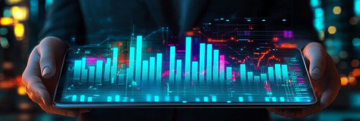 Businessman Holding Tablet, Glowing Blue Graph, Futuristic Interface Overlays, City Background