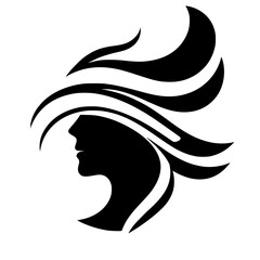 Silhouette of a woman, profile view, stylized with flowing, flowing hair and an elegant design.