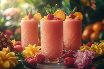 Raspberry smoothies, tropical setting, summer, refreshing drinks, website banners