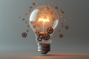 Light bulb with internal gears and glowing filaments represents a powerful concept for invention, technology, and innovation; a symbol of ideas.