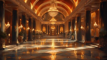 Grand, opulent hall;  chandeliers, columns, polished floors.