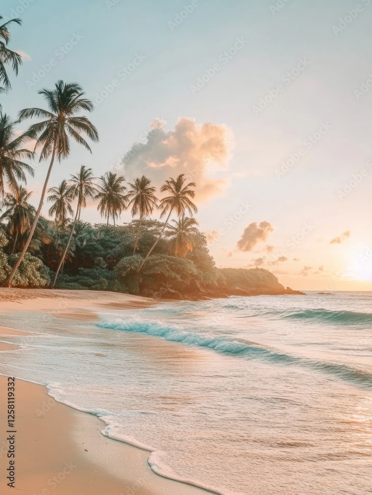 Poster Sunset over tranquil beach with palm trees and gentle waves in serene tropical environment. Generative AI